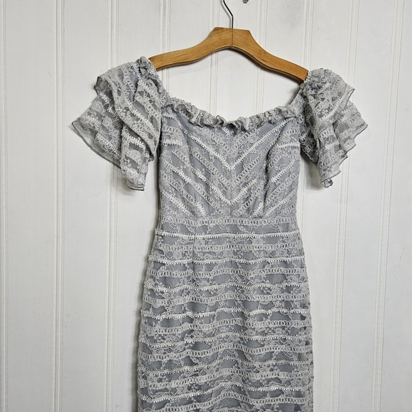 ASOS Lace Dress Off Shoulder Pencil Midi Form Fitting Ruffle Thin Straps Size 4 - Picture 3 of 10